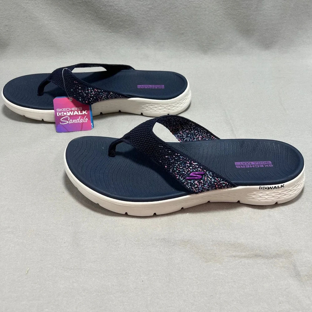 Skechers GoWalk Sandals Navy Multi Knit Thong Flip Flop Comfort Sporty Womens 11